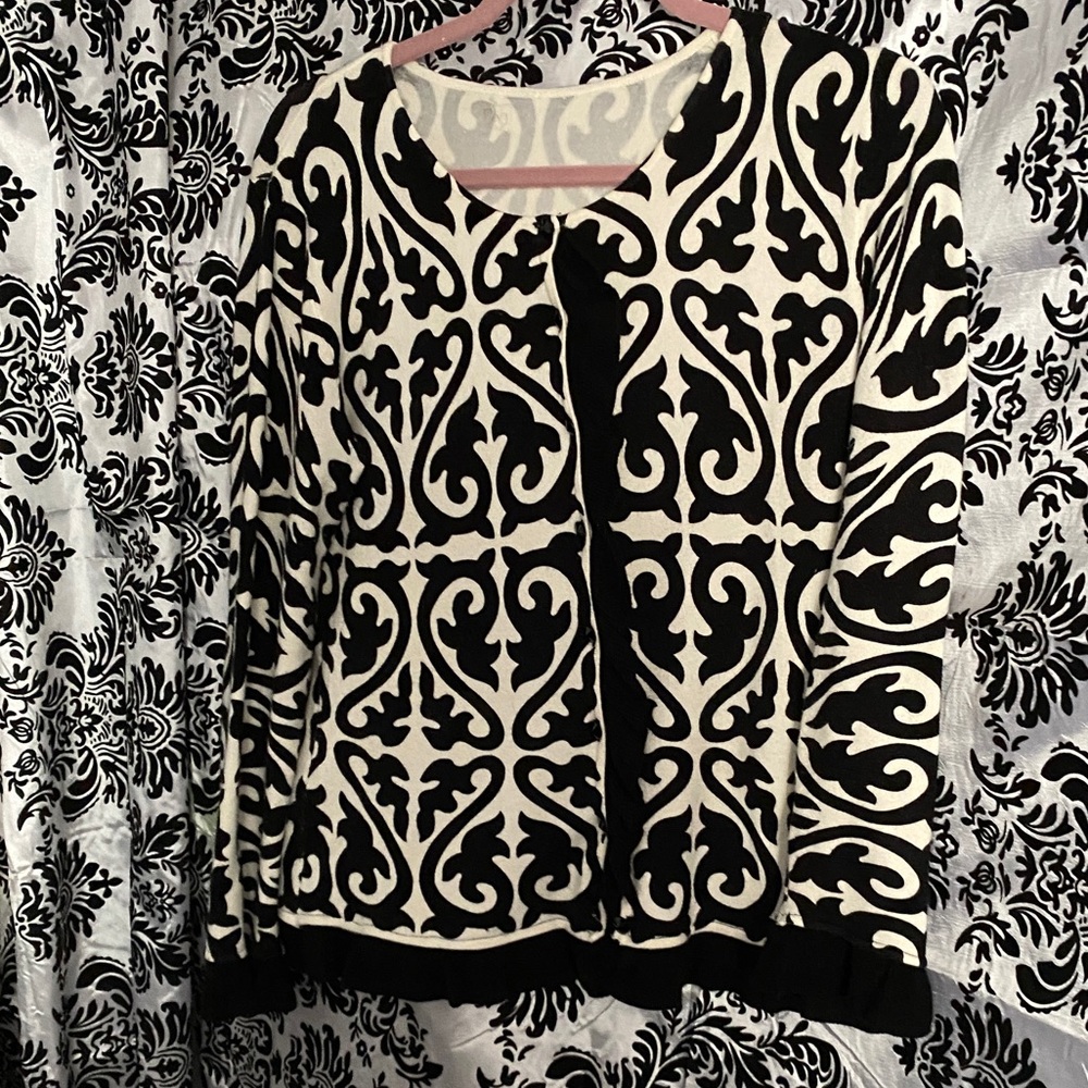 Cardigan, black white ruffles fancy buttons